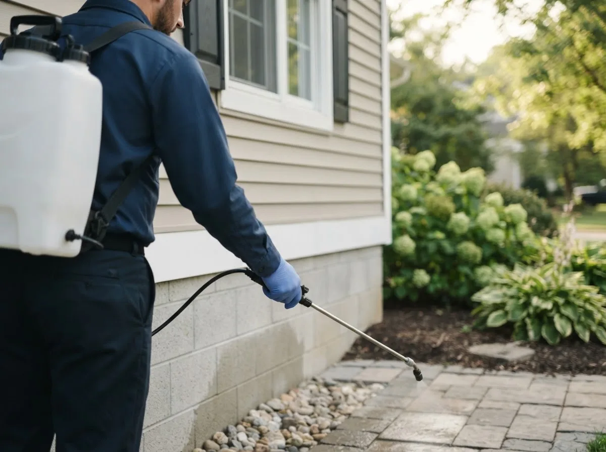 Pest control technician inspecting a home in Bretton Woods, NH